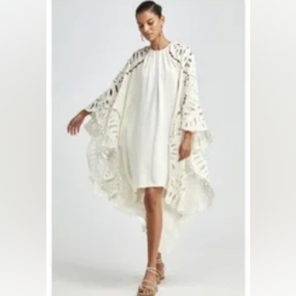 ◇$3,790 NEW OSCAR DE LA RENTA LEAF SILK WHITE CAFTAN DRESS L